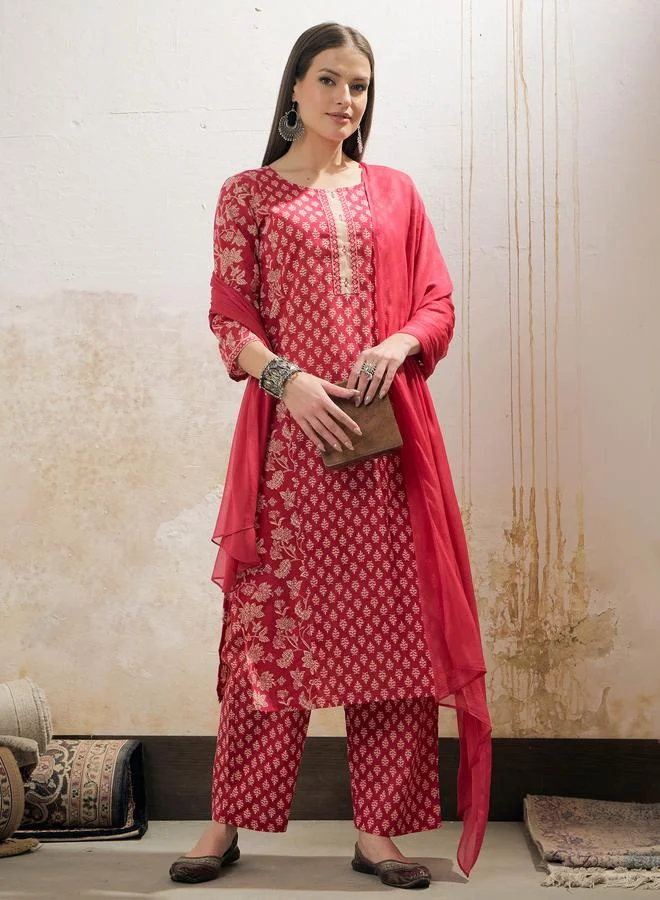 SASSAFRAS SASSAFRAS Pink Floral Cambric Kurta with Pencil Pants and Dupatta Set