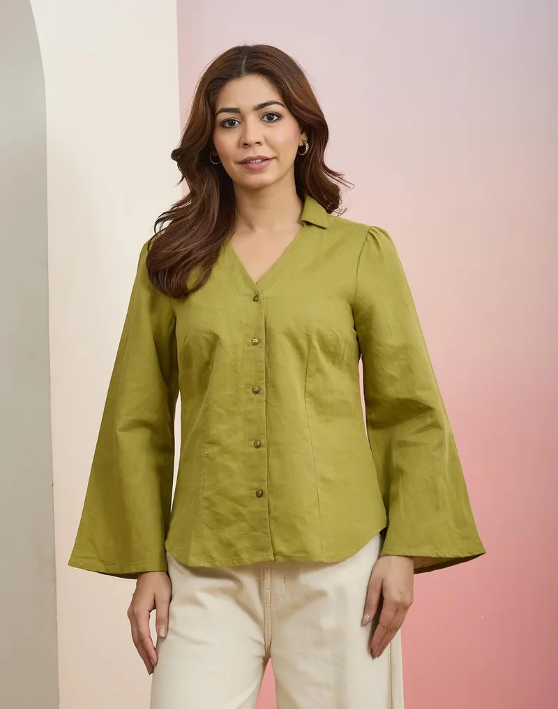 Fabindia  Green Cotton Linen Sylvie Shirt for Women | Best Price UAE