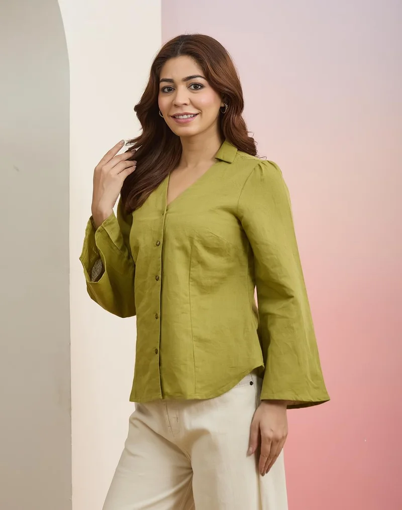 Fabindia  Green Cotton Linen Sylvie Shirt for Women | Best Price UAE