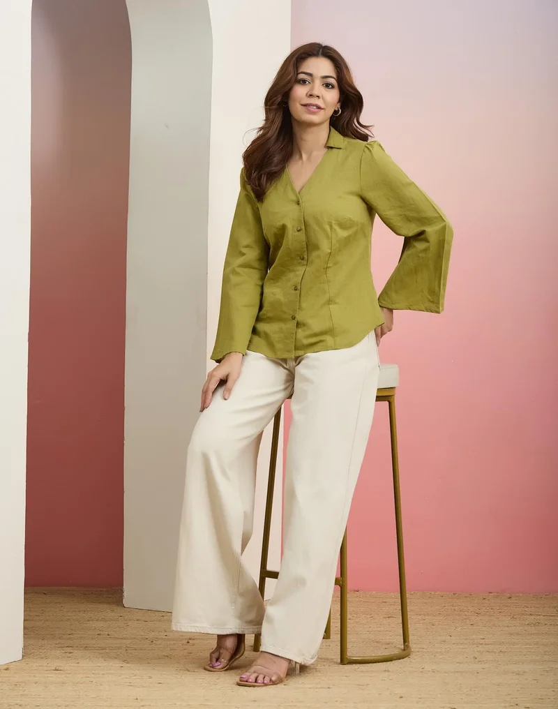 Fabindia  Green Cotton Linen Sylvie Shirt for Women | Best Price UAE
