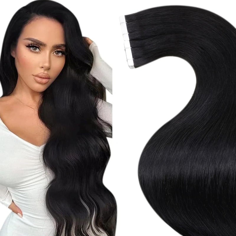 LaaVoo Tape in Hair Extensions Black Tape in Hair Extensions Human Hair 20Inch Tape in Extensions Real Human Hair Jet Black 20pcs 50g - Image 1