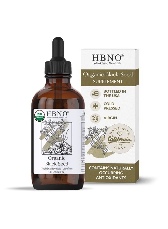hbno Organic Black Seed Oil - Huge 4oz (120ml) Glass Bottle Value Size - USDA Certified Organic Black Seed Oil, Cold Pressed for Face, Body, Lips, Shampoo & Conditioner - Image 1