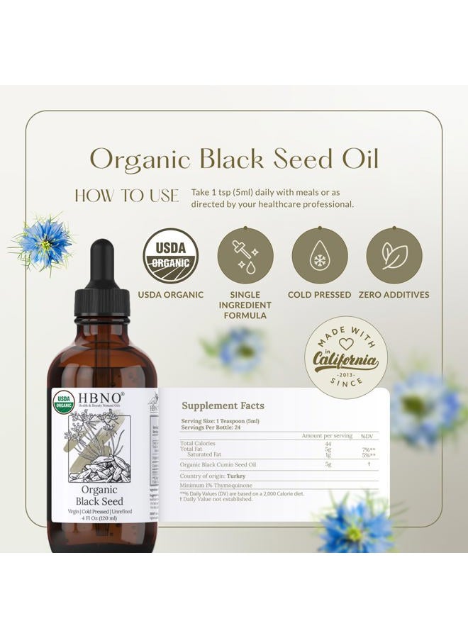 hbno Organic Black Seed Oil - Huge 4oz (120ml) Glass Bottle Value Size - USDA Certified Organic Black Seed Oil, Cold Pressed for Face, Body, Lips, Shampoo & Conditioner - Image 2