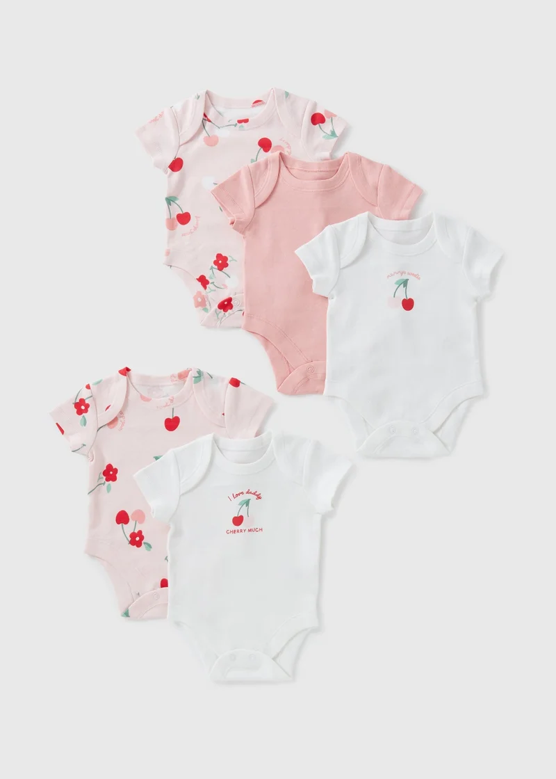 Matalan 5 Pack Baby Pink Cherry Bodysuits