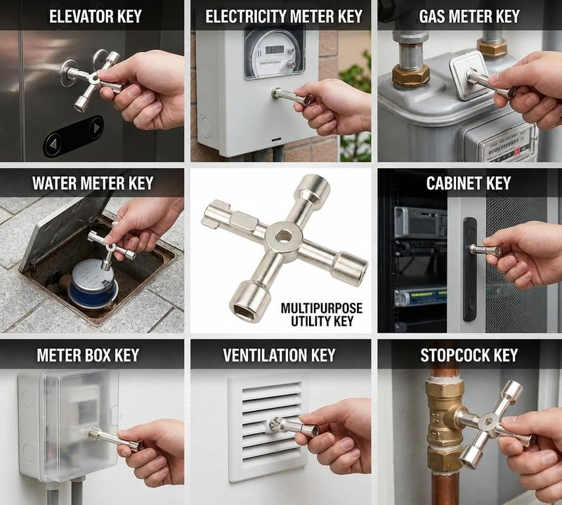 Biella™ Multi-Function 4-Way Utility Cross Key Wrench - Plumbing Wrench for Gas Electric Meter Cabinets Bleed Radiators - Image 3