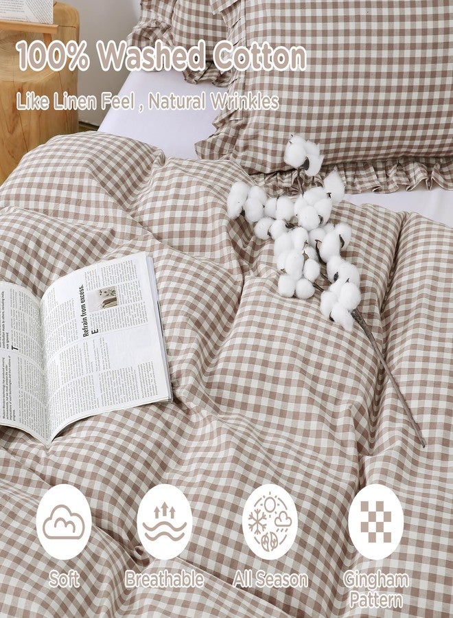 ATsense Tan Gingham Duvet Cover Bedding Set 100% Washed Cotton Like Linen Feel Soft Breathable 3 Pcs Brown Plaid Checkered Cute Ruffle Comforter Cover Set (King 104"x90", No Comforter) - Image 4