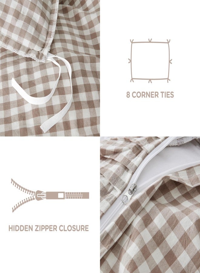ATsense Tan Gingham Duvet Cover Bedding Set 100% Washed Cotton Like Linen Feel Soft Breathable 3 Pcs Brown Plaid Checkered Cute Ruffle Comforter Cover Set (King 104"x90", No Comforter) - Image 5