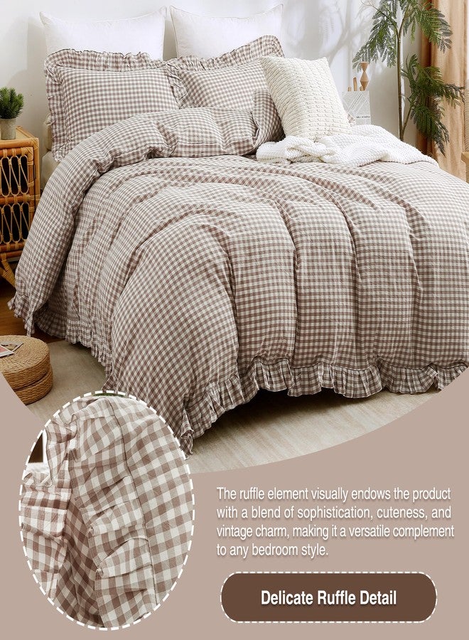 ATsense Tan Gingham Duvet Cover Bedding Set 100% Washed Cotton Like Linen Feel Soft Breathable 3 Pcs Brown Plaid Checkered Cute Ruffle Comforter Cover Set (King 104"x90", No Comforter) - Image 2