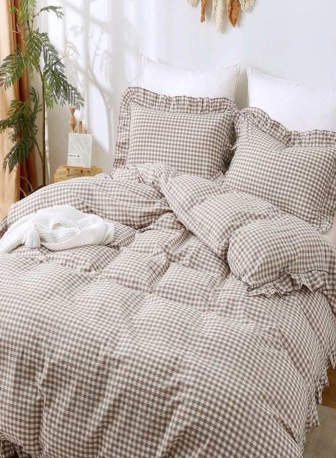 ATsense Tan Gingham Duvet Cover Bedding Set 100% Washed Cotton Like Linen Feel Soft Breathable 3 Pcs Brown Plaid Checkered Cute Ruffle Comforter Cover Set (King 104"x90", No Comforter) - Image 3
