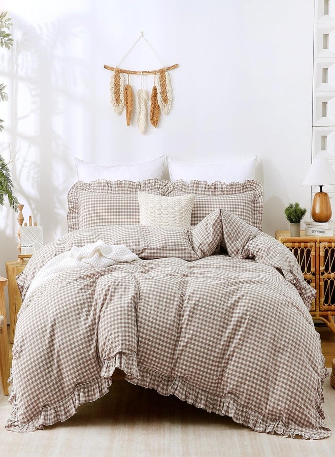 ATsense Tan Gingham Duvet Cover Bedding Set 100% Washed Cotton Like Linen Feel Soft Breathable 3 Pcs Brown Plaid Checkered Cute Ruffle Comforter Cover Set (King 104"x90", No Comforter) - Image 1