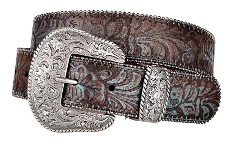 BC Belts Western Scroll Buckle with Turquoise Tinted Embossed Brown Leather Belt (S) - Image 1