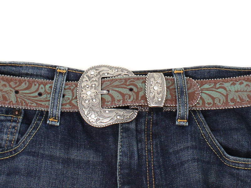 BC Belts Western Scroll Buckle with Turquoise Tinted Embossed Brown Leather Belt (S) - Image 5