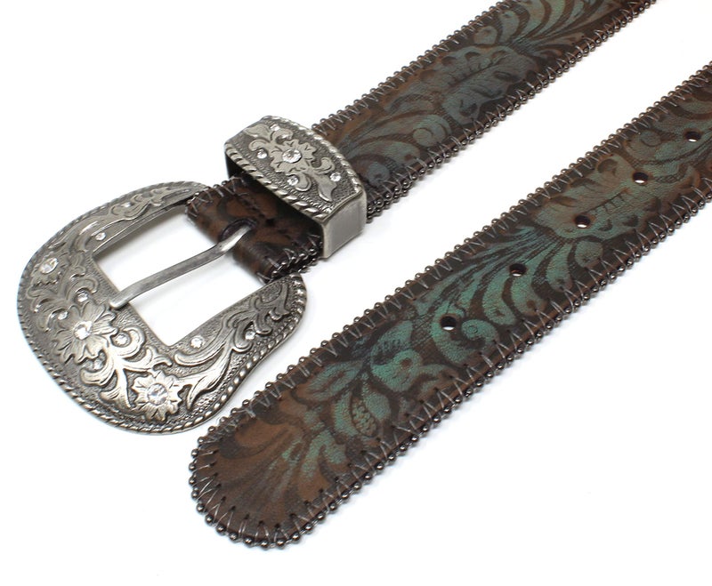 BC Belts Western Scroll Buckle with Turquoise Tinted Embossed Brown Leather Belt (S) - Image 2