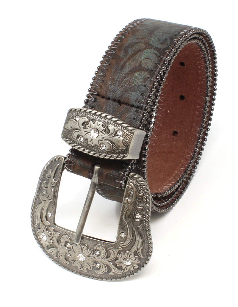 BC Belts Western Scroll Buckle with Turquoise Tinted Embossed Brown Leather Belt (S) - Image 4