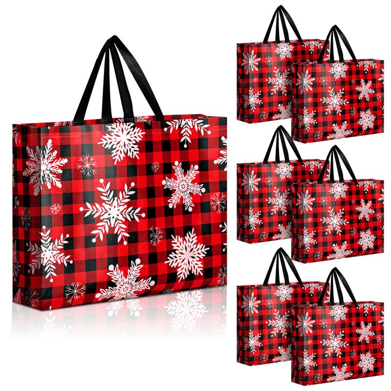 Abbylike 8 Pcs Large Christmas Reusable Gift Bags Holiday Snowflake Buffalo Plaid Tote Bags with Handles Non Woven Xmas Gift Red Black - Image 2
