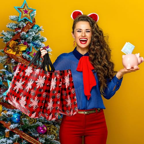 Abbylike 8 Pcs Large Christmas Reusable Gift Bags Holiday Snowflake Buffalo Plaid Tote Bags with Handles Non Woven Xmas Gift Red Black - Image 3