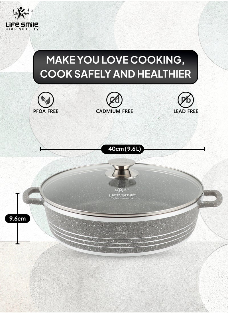Life Smile 40cm (9.6 Liter) LIFE SMILE Shallow Pot with Lid | Non Stick PFOA FREE Granite Coating Frying Pan | Oven Safe | Dishwasher Safe | Double Handle (Grey)  - Image 3