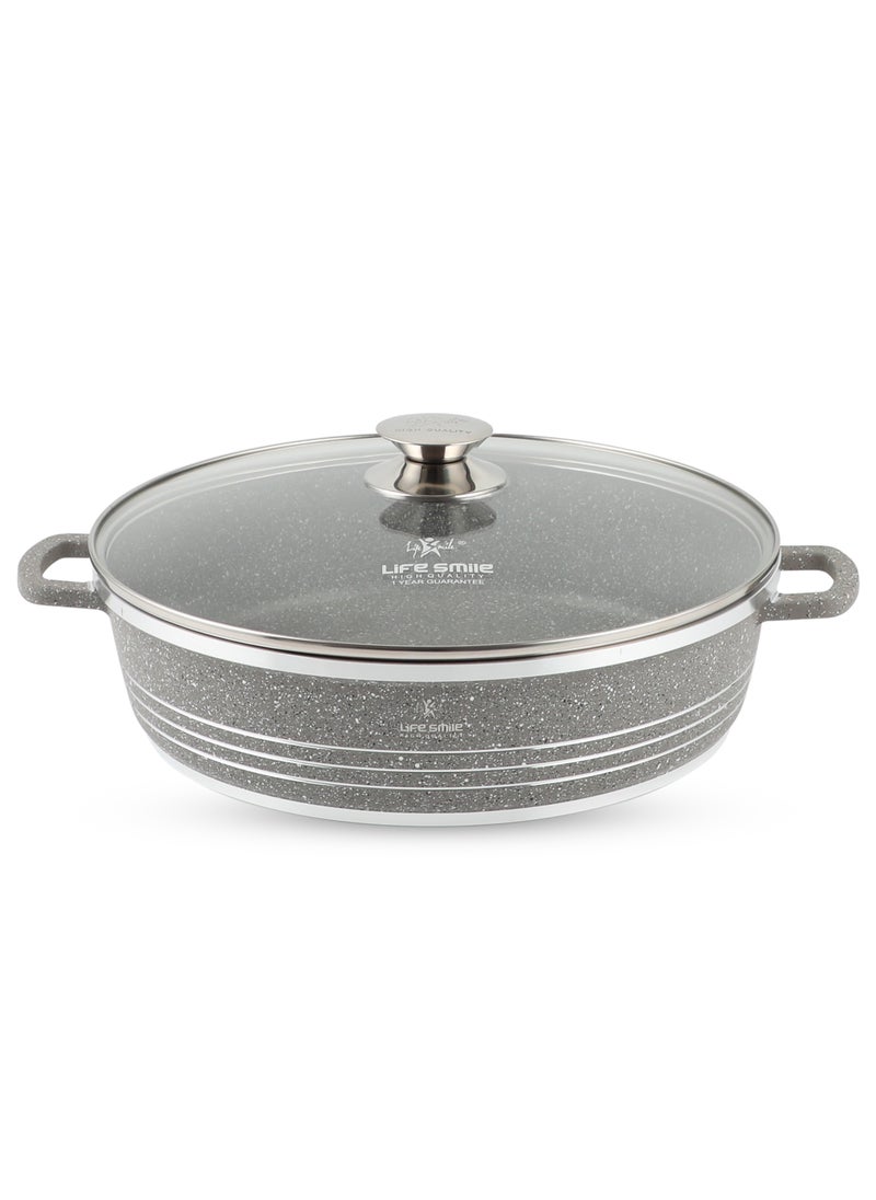 Life Smile 40cm (9.6 Liter) LIFE SMILE Shallow Pot with Lid | Non Stick PFOA FREE Granite Coating Frying Pan | Oven Safe | Dishwasher Safe | Double Handle (Grey)  - Image 1