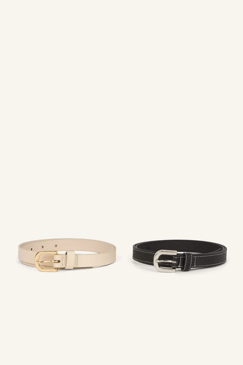Woman Rectangular Buckle 2 Piece Faux Leather Belt Set