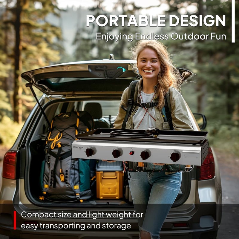 ROVSUN شواية بروبان محمولة بأربعة شعلات مع صينية مطلية بالمينا غير لاصقة، 40,000 وحدة حرارية بريطانية، شواية غاز مسطحة للطاولة مع إشعال إلكتروني ومنظم للطهي في الهواء الطلق والتخييم والشواء وحفلات السيارات - Image 5
