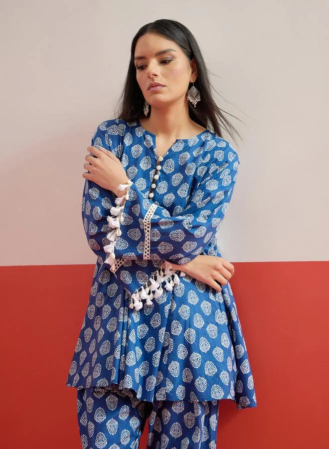 Sassafras Blue Floral Choga Kurta and Pharsi Salwar Set
