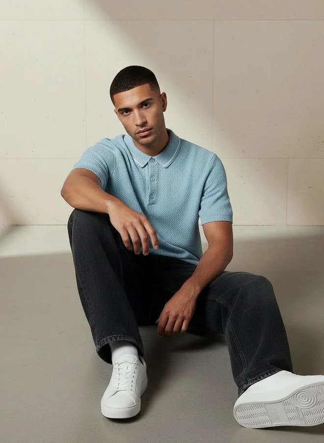 Iconic BLUE Iconic Men Short Sleeves Textured Polo T shirt for Men | Best Price UAE