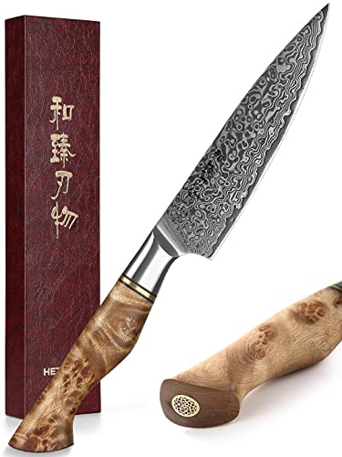HEZHEN 5 inch Utility Knife with Razor Sharp Damascus Steel with Rose Pattern Multifunctional VG10 Professional ParingFruit knife Master Series Ergonomic Figured Sycamore Wood Handle