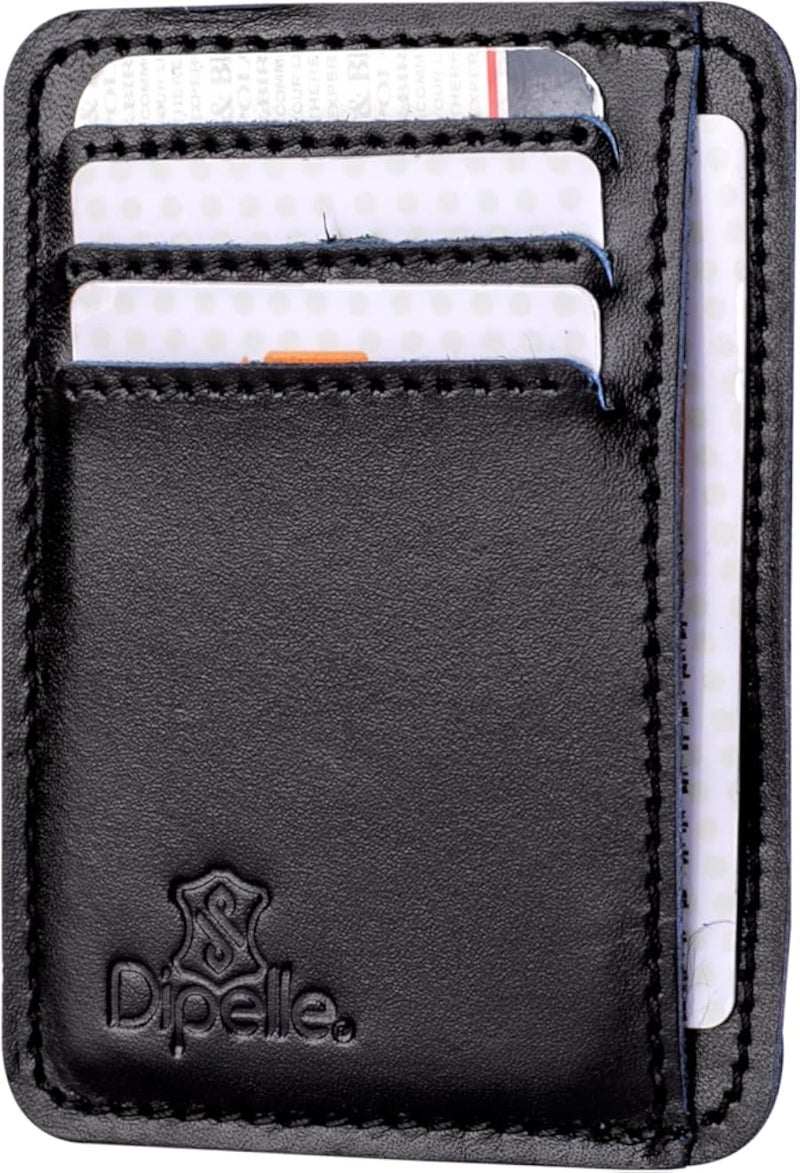Genuine Leather Card Case for Men and Women, size 11x8 cm, featuring 8 pockets inside. This small-sized, slim wallet by Dipelle combines style and functionality (Black)