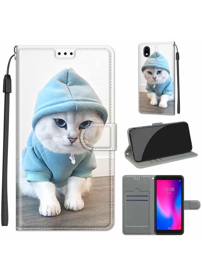 HuHa Case Cover For ZTE A3 2020 Voltage Coloured Drawing Magnetic Clasp Horizontal Flip PU Leather Case with Holder & Card Slots(C15 Blue Sweater White Cat)