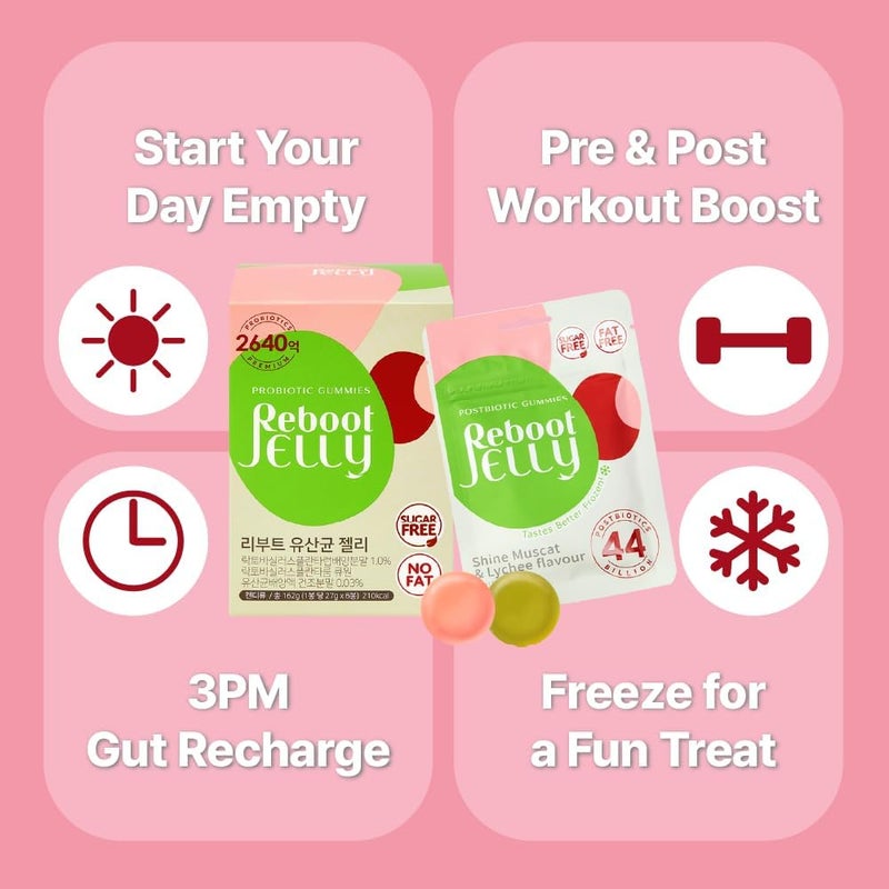 RebootJelly Reboot Probiotic Jelly  44 Billion CFU Gummies  Vegan SugarFree ShelfStable  Chewable Lychee  Muscat Grape Flavor  12 Pouches for Gut Health - Image 3