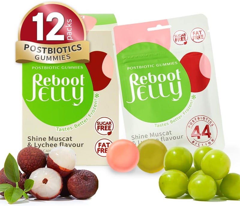RebootJelly Reboot Probiotic Jelly  44 Billion CFU Gummies  Vegan SugarFree ShelfStable  Chewable Lychee  Muscat Grape Flavor  12 Pouches for Gut Health - Image 1