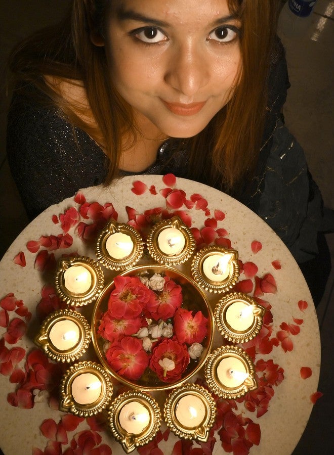 CRAZE CRAFTS Diya Urli Diya & Flower Floating Decorative Bowl for Floating Flowers and Tea Light Candles Home,Office and Table Decor| Diwali Decoration Items, Metal, Gold Finish. 10 inches - Image 5