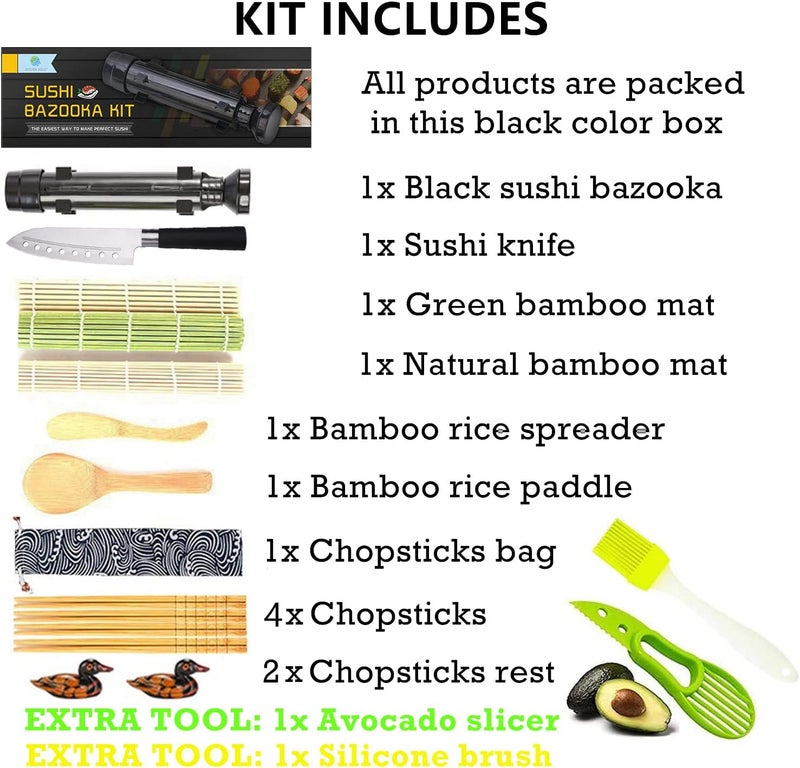 FUNGYAND Sushi Making Kit, All-in-One Bazooka Roller Set with Bamboo Mats, Avocado Slicer, Paddle, Knife, Chopstick & Holders, Cotton Bag - DIY Maki Roller Machine - Image 2
