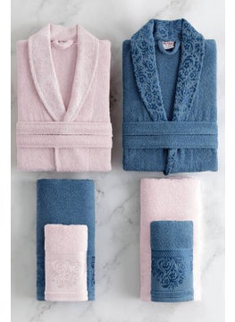 FIESTA Cotton Jacquard Family Bathrobe Set - Navy Blue - Pink  - Image 1