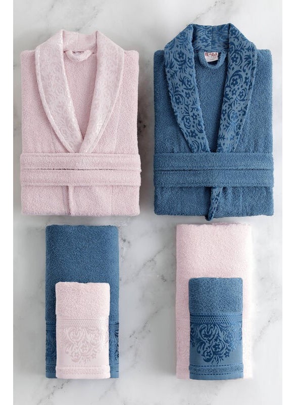 FIESTA Cotton Jacquard Family Bathrobe Set - Navy Blue - Pink  - Image 1