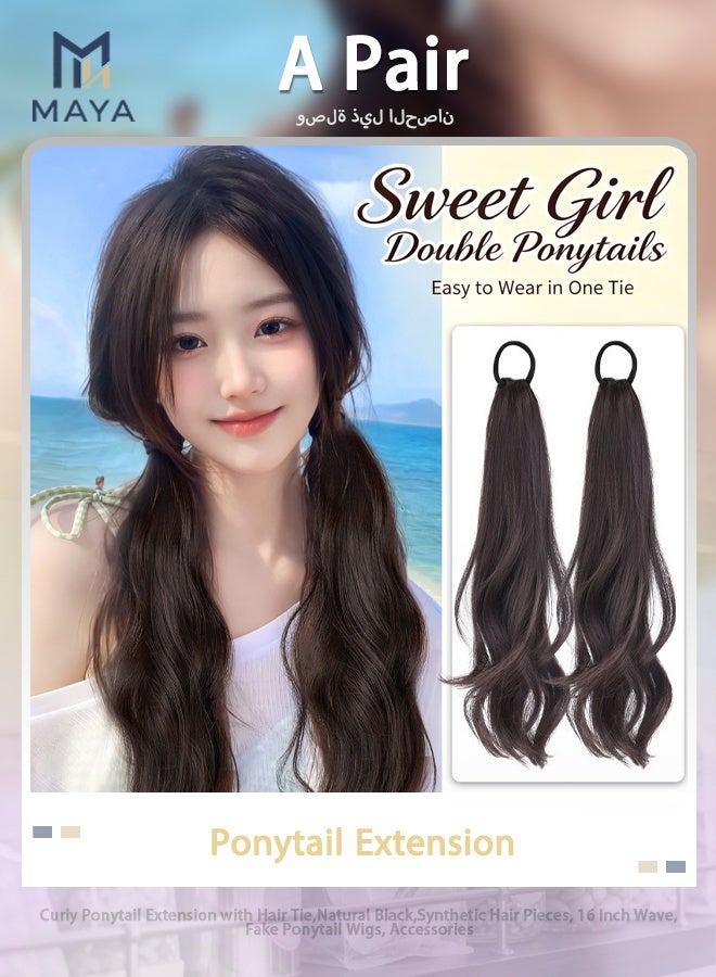 Maya Curly Ponytail Extension with Hair Tie,Natural Black,Synthetic Hair Pieces, 16 Inch Wave, Fake Ponytail Wigs, Accessories（Black） - Image 1