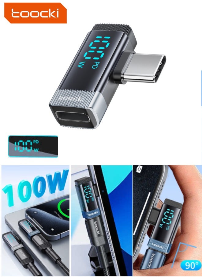 محول Toocki OTG من USB-C إلى USB-C بزاوية 90 درجة مع شاشة عرض للطاقة – شحن سريع ونقل بيانات – مصنوع من الألمنيوم، صغير الحجم ومتين (أسود)  - Image 1