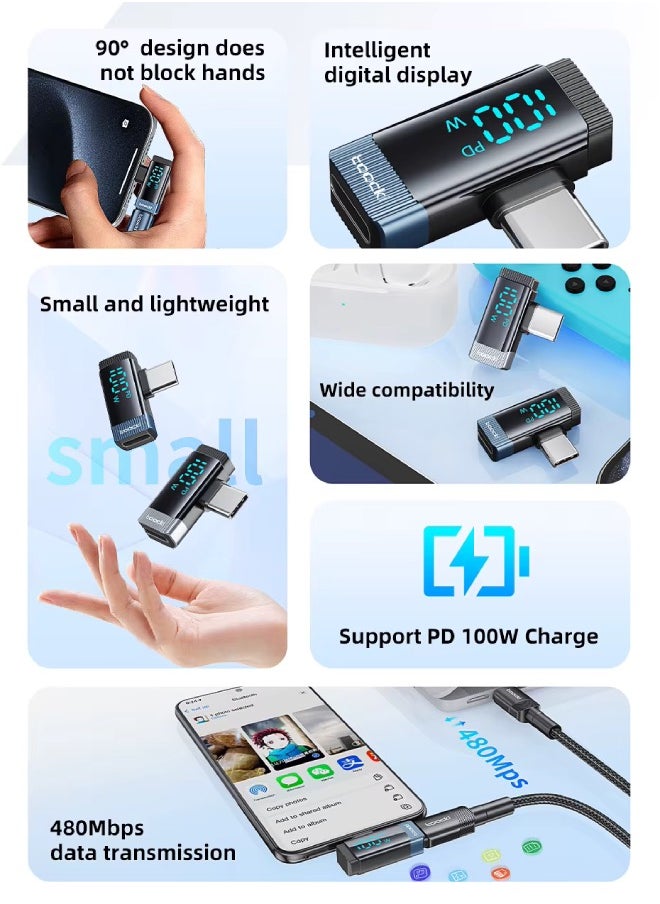 محول Toocki OTG من USB-C إلى USB-C بزاوية 90 درجة مع شاشة عرض للطاقة – شحن سريع ونقل بيانات – مصنوع من الألمنيوم، صغير الحجم ومتين (أسود)  - Image 3
