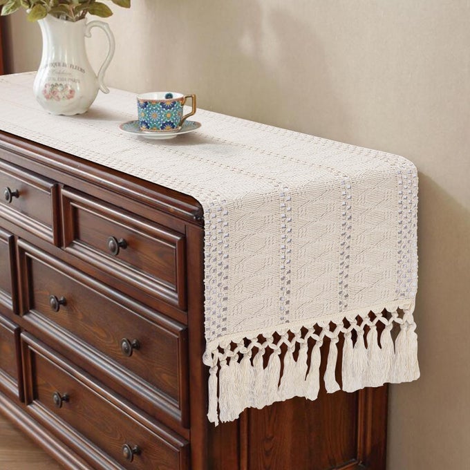 BOHO TABLE RUNNER SHORT DRESSER RUNNER COVER TOP BEIGE MACRAME COFFEE TABLE RUNNERS FOR LIVING ROOM KITCHEN NIGHTSTAND END TABLE FARMHOUSE SPRING DRESSER DECOR 48 INCHES LONG