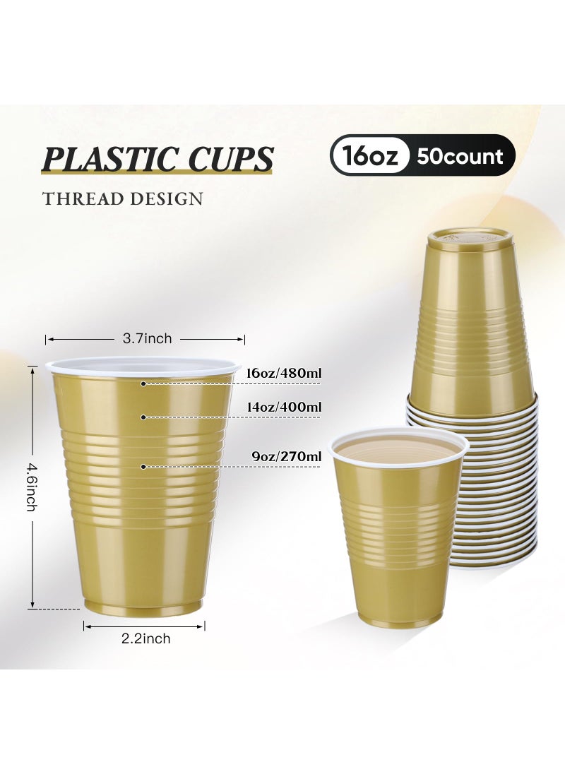 Mifoci Mifoci 50 Pcs 16 oz Plastic Drinking Cups Plastic Disposable Cups for Wedding graduation Birthday Party Valentine Christmas Picnics Barbecues Supplies(Gold)  - Image 2