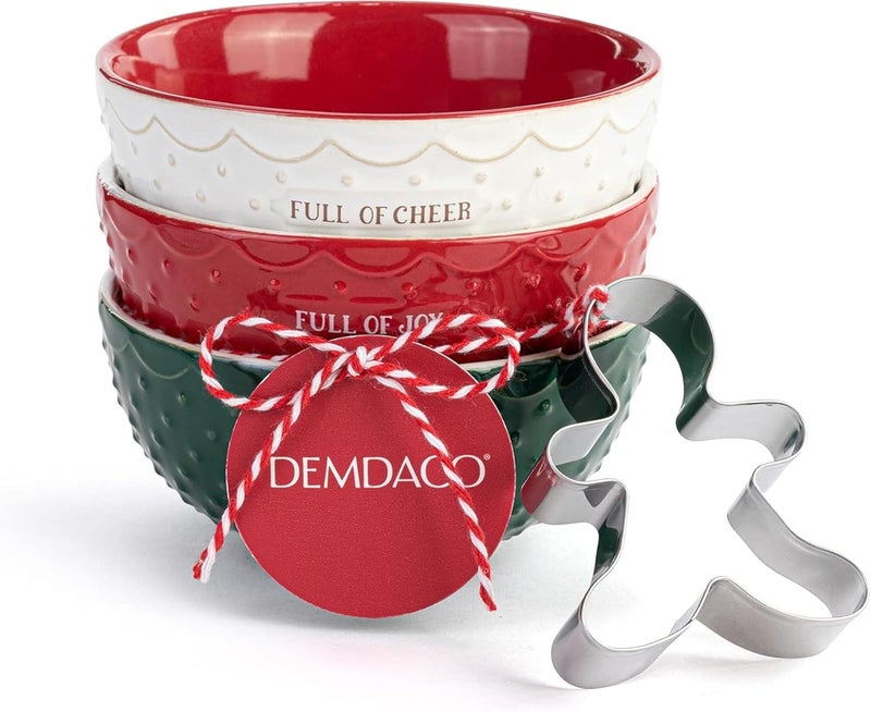DEMDACO Full Of Cheer Red Green and White 7 Ounce Ceramic Christmas Baking Bowls Set of 3 - Image 3