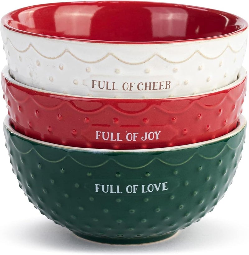 DEMDACO Full Of Cheer Red Green and White 7 Ounce Ceramic Christmas Baking Bowls Set of 3 - Image 1
