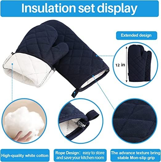 M MIAOYAN Oven Mitts and Pot Holders 4 pcs Set High Heat Resistant 500 Degree Extra Thicken Long Kitchen Cotton Oven Glove for Cooking (12 Inch Deep Blue) - Image 3
