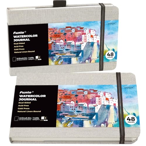 Funto Classic Hardcover Watercolor Journal 85x552Pack140lb Cold Press Paper LayFlat BindingInner Pocket for Adults Artists - Image 1