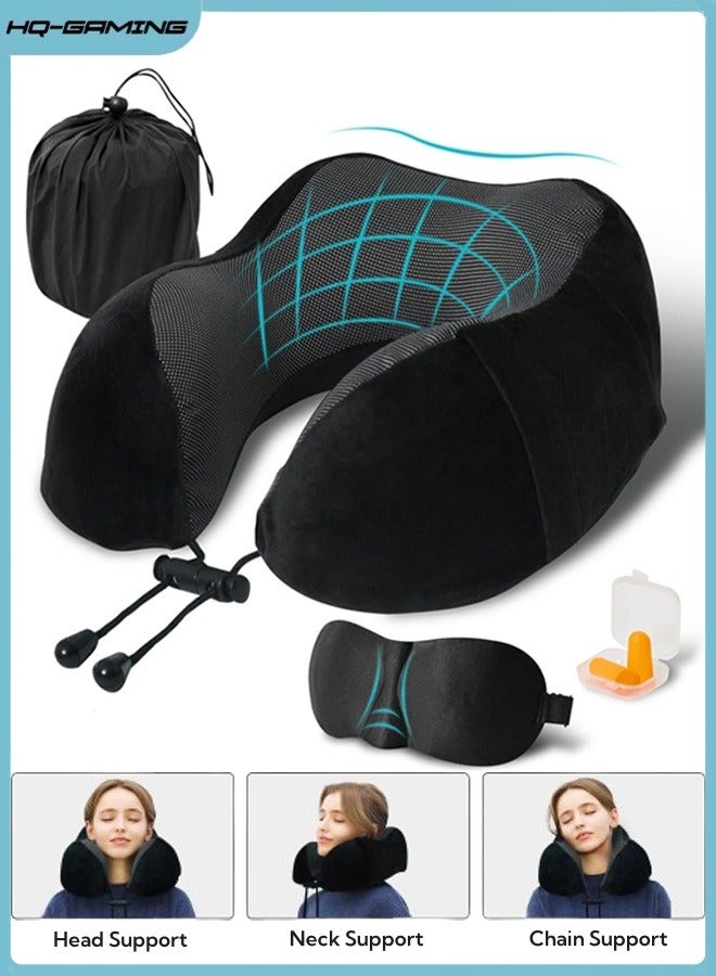 إتش كيو جيمنغ وسادة رقبة على شكل حرف U، وسادة إسفنجية الذاكرة، وسادة طائرة لدعم مسند الرأس والرقبة، وسادة سفر، وسادة محمولة للسيارات المكتبية وقطارات الرحلات الطويلة والنوم (أسود) - Image 1