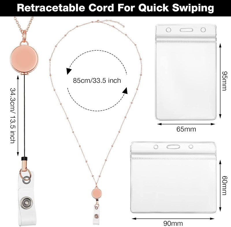 KASTWAVE Retractable Badge Reel Lanyard With Id Holder, 3 Pcs Beaded Lanyards Stainless Steel Id Badge Necklace Set, Waterproof Name Badge Holder Clip For Office Women Men (Rose Gold, Black, Silver) - Image 2