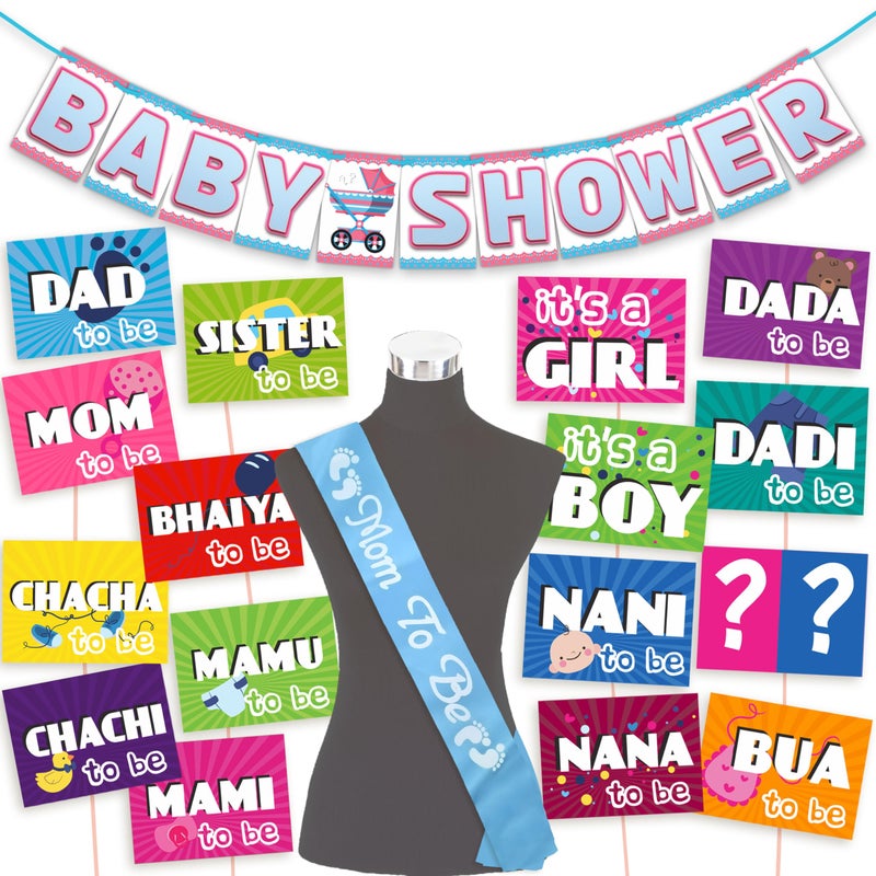 Wobbox Baby Shower Decoration Items| Baby Shower Ceremony Photo Booth Props For Photoshoot, Baby Shower Banner& Mom To Be Sash, Godh Bharai Ceremony Decoration Kit-(FP4668) - Image 1