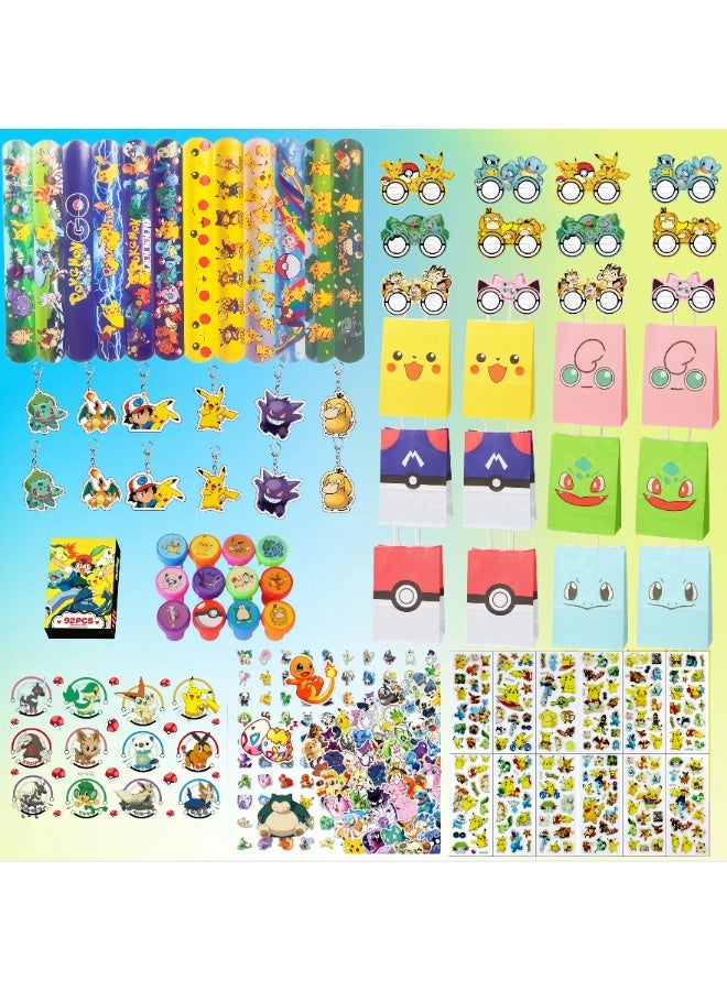 Pikachu Party Favors Set, All-in-One Cartoon Party Supplies with 12 Wristbands, 12 Gift Bags, 12 Keychains, 100 PCS Stickers, 12 Party Glasses, 12 Temporary Tattoos, 12 Sticker Sets, 12 Stamps and 92 PCS Photocards, Goodie Bag Fillers Birthday Decorations for Kids Cartoon Themed Party - Image 1