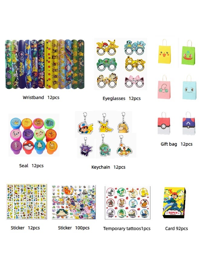 Pikachu Party Favors Set, All-in-One Cartoon Party Supplies with 12 Wristbands, 12 Gift Bags, 12 Keychains, 100 PCS Stickers, 12 Party Glasses, 12 Temporary Tattoos, 12 Sticker Sets, 12 Stamps and 92 PCS Photocards, Goodie Bag Fillers Birthday Decorations for Kids Cartoon Themed Party - Image 2