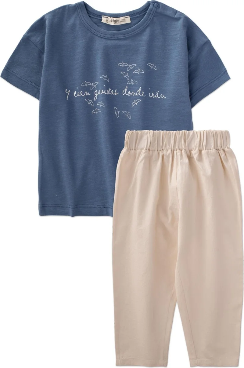 Cigit Printed Trousers T-Shirt Suit Age 1-5 Indigo Blue